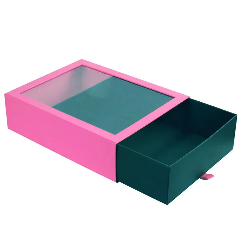 Clear Window Customized Logo Cardboard Paper Drawer Gift Box Packaging  Rigid Slide Gift Sliding Box With Ribbon Handle packaging reference